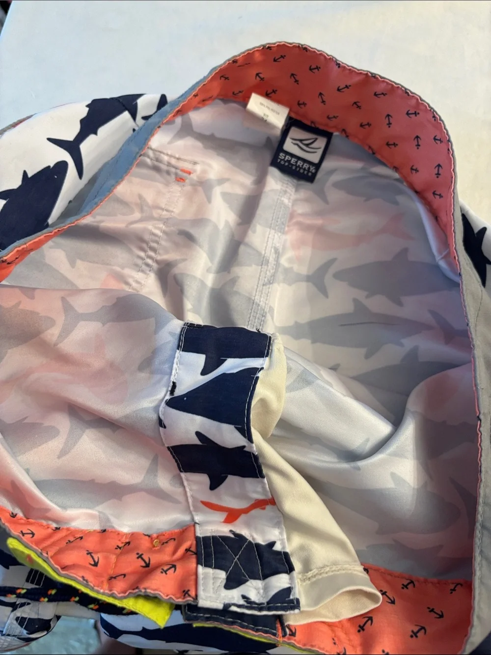 Sperry Men's Shark-Print Swim Trunks - Navy & Orange, size 34